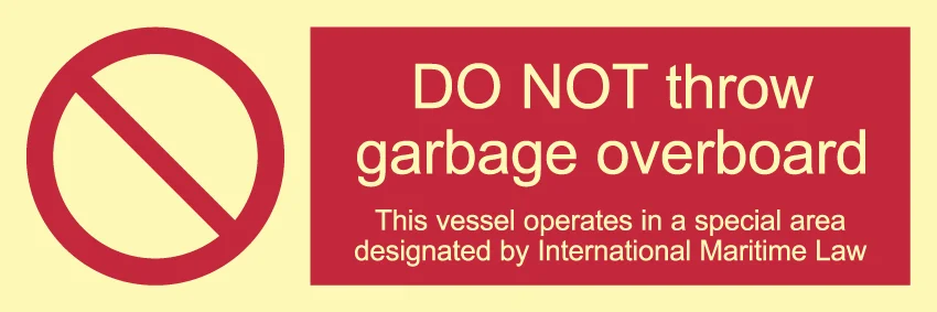 Worded Do Not Throw Garbage MARPOL prohibition sign for ship rails, IMPA 33.8567 ISSA 47.585.67 - PS0072
